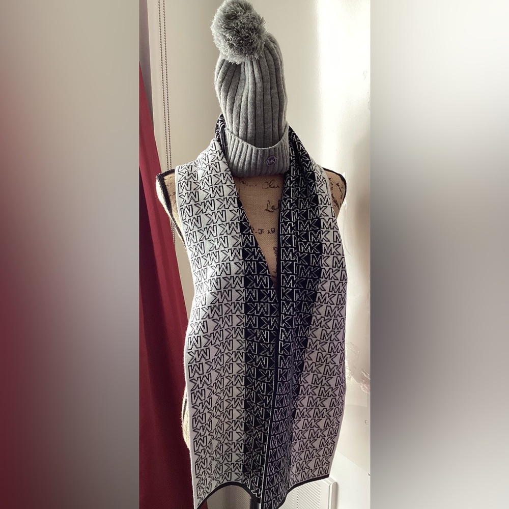 Michael Kors Black and White Monogram Scarf and Pom Beanie Bundle of Two